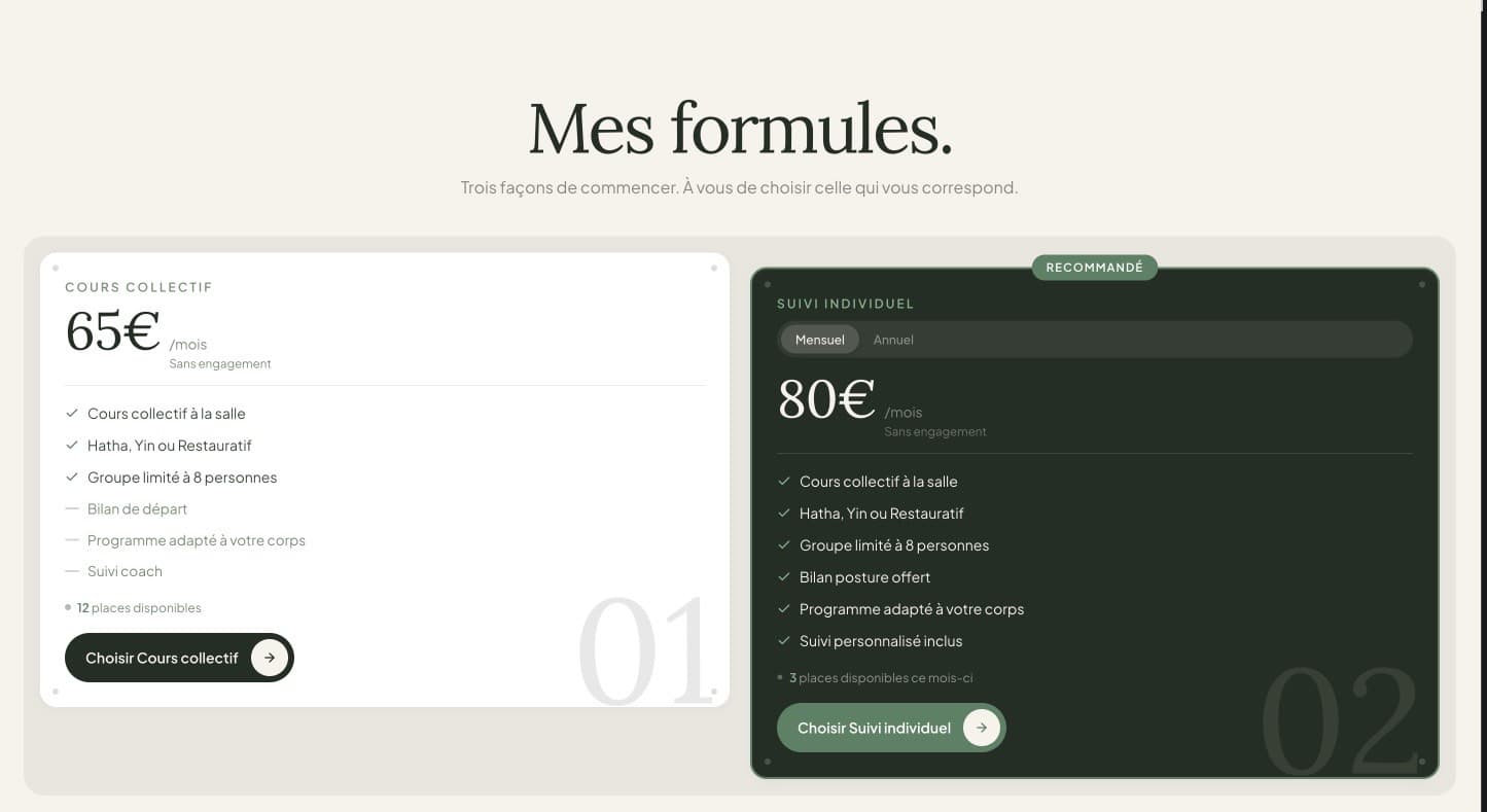 Interface claire présentant les offres et services d'un professionnel